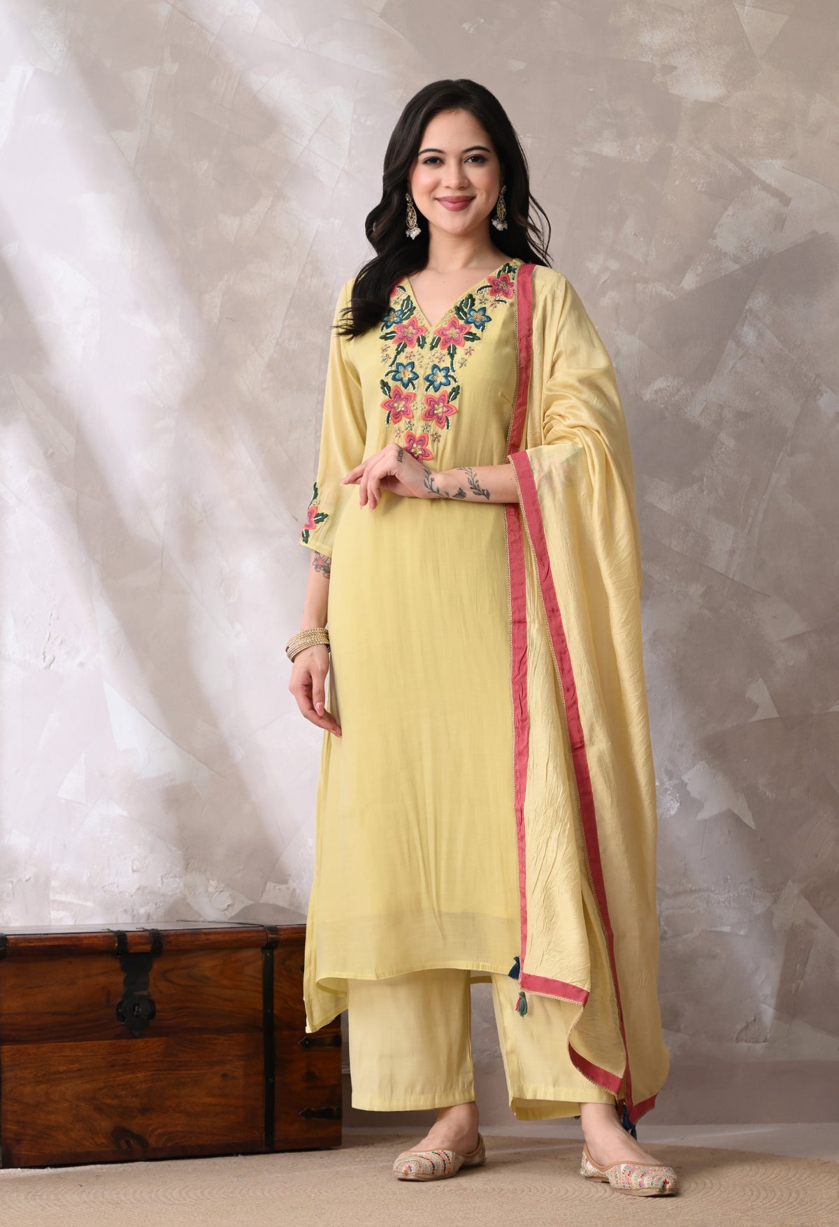 Yellow Floral Embroidered Regular Thread Work Kurta with Palazzos