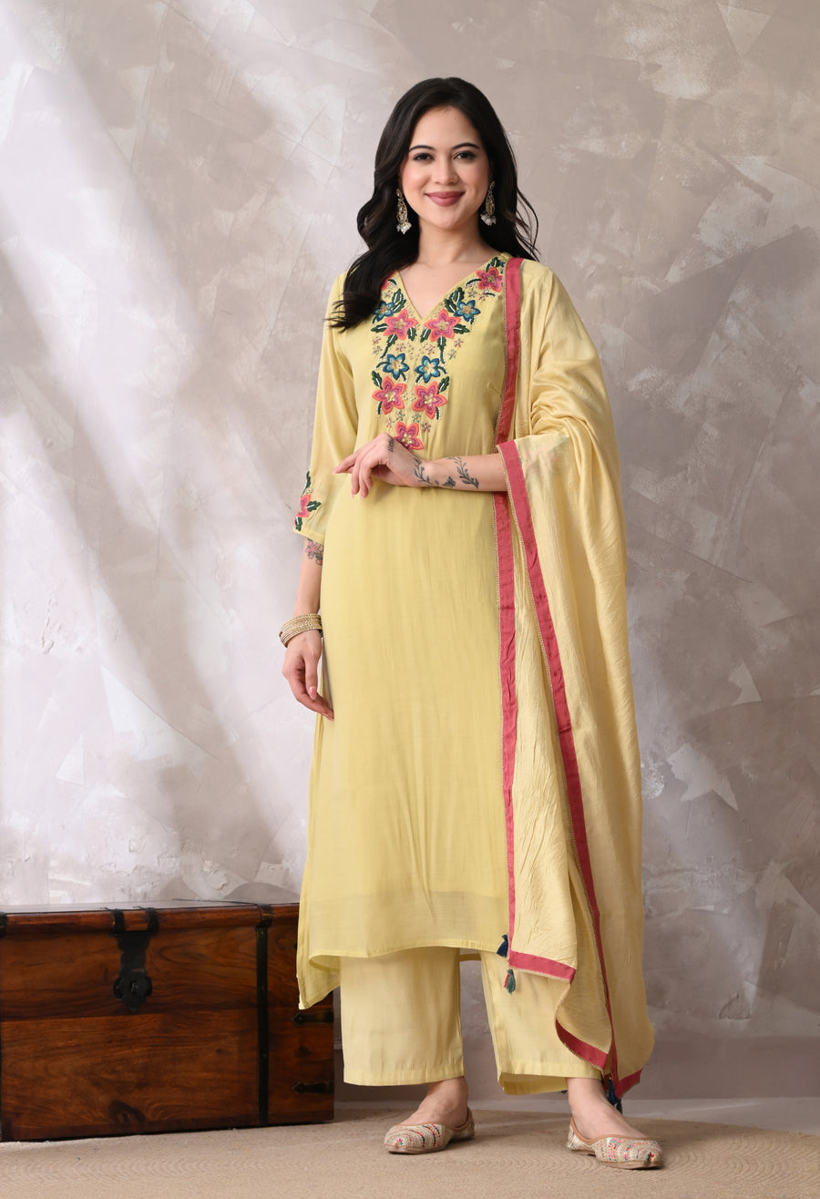 Yellow Floral Embroidered Regular Thread Work Kurta with Palazzos