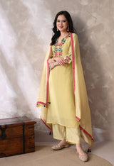 Yellow Floral Embroidered Regular Thread Work Kurta with Palazzos