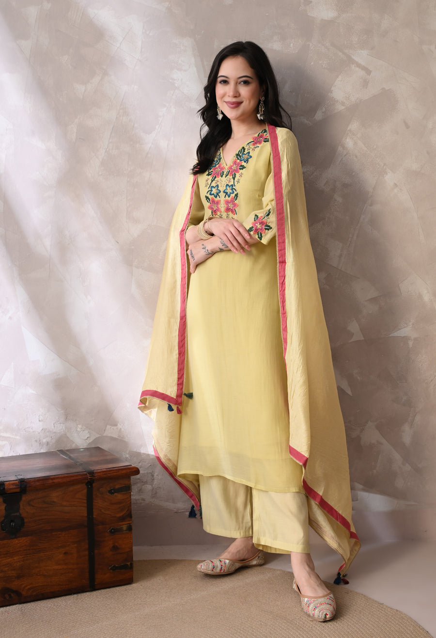 Yellow Floral Embroidered Regular Thread Work Kurta with Palazzos