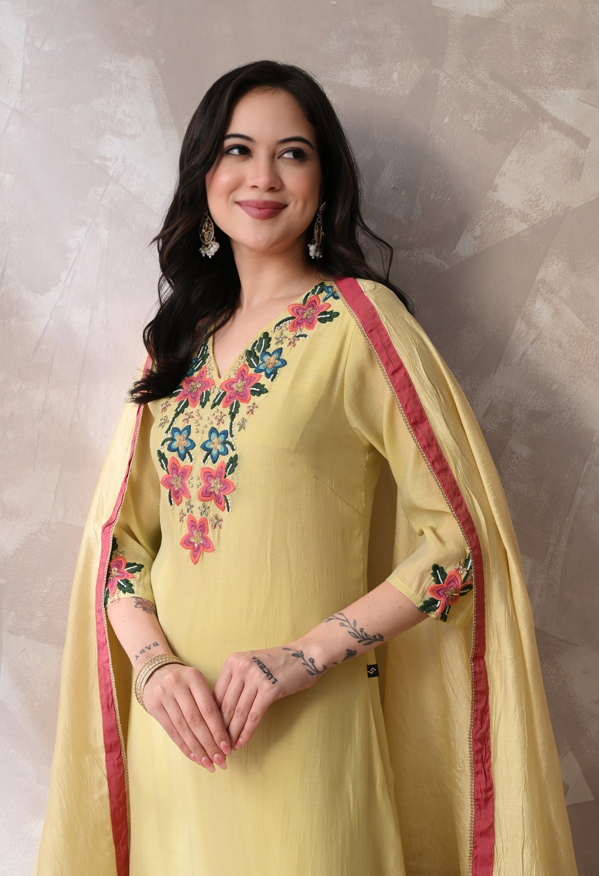 Yellow Floral Embroidered Regular Thread Work Kurta with Palazzos