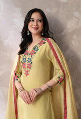 Yellow Floral Embroidered Regular Thread Work Kurta with Palazzos