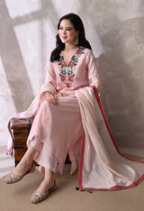 Pink Floral Embroidered Regular Thread Work Kurta with Palazzos