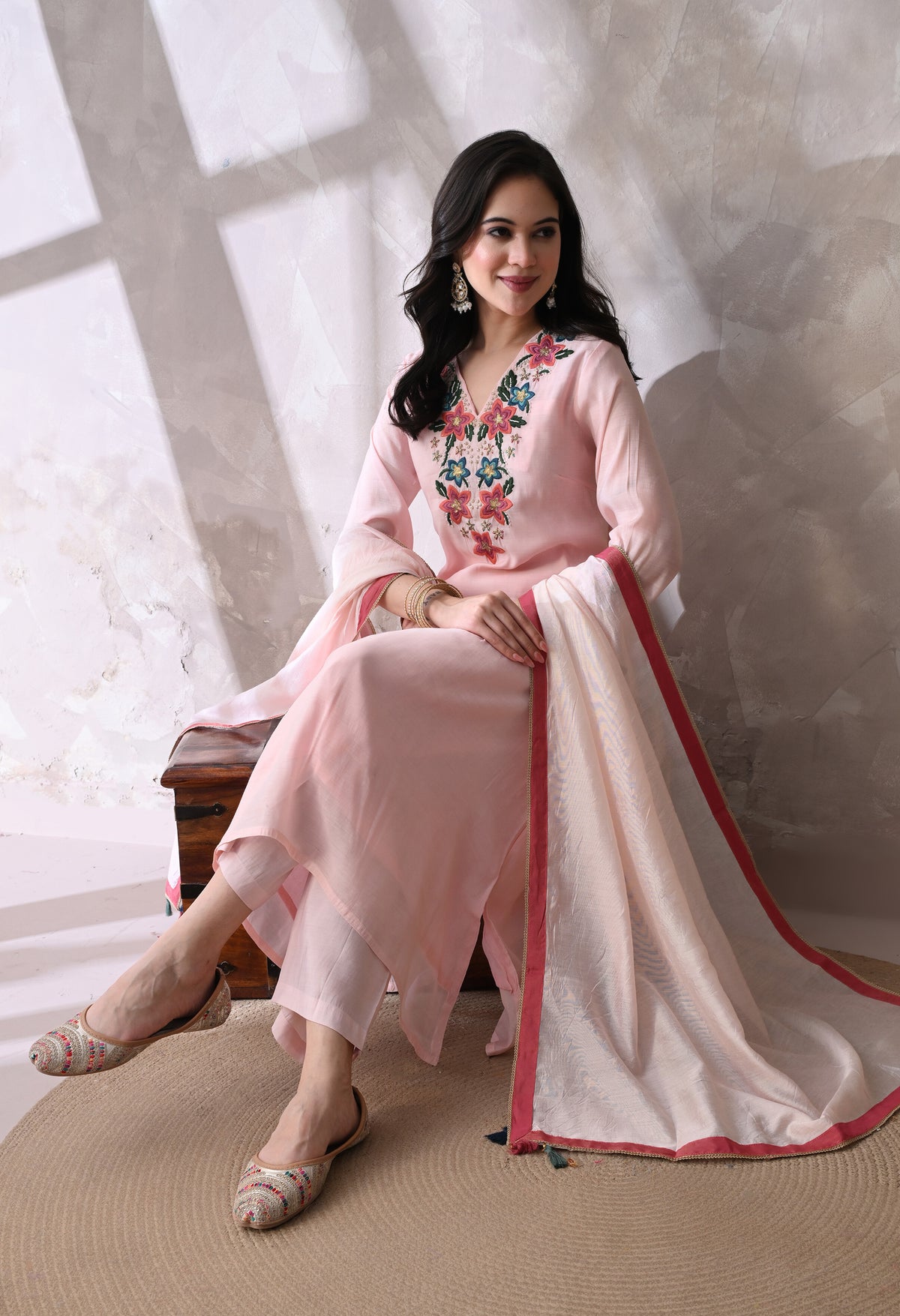 Pink Floral Embroidered Regular Thread Work Kurta with Palazzos