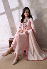 Pink Floral Embroidered Regular Thread Work Kurta with Palazzos