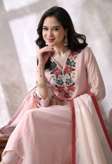 Pink Floral Embroidered Regular Thread Work Kurta with Palazzos