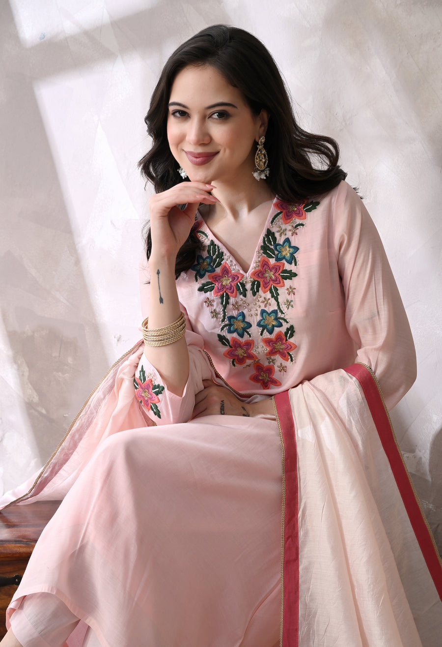 Pink Floral Embroidered Regular Thread Work Kurta with Palazzos