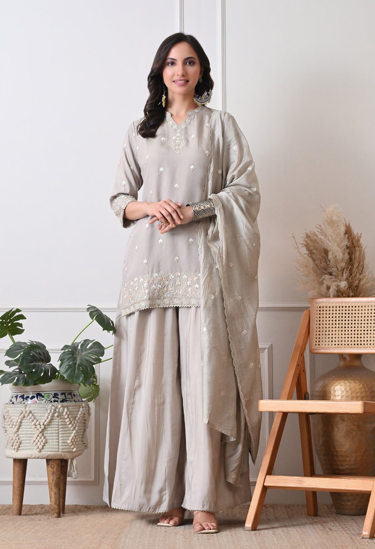 Lt Beige Ethnic Motifs Embroidered Regular Thread Work Kurta with Palazzos & With Dupatta