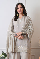 Lt Beige Ethnic Motifs Embroidered Regular Thread Work Kurta with Palazzos & With Dupatta