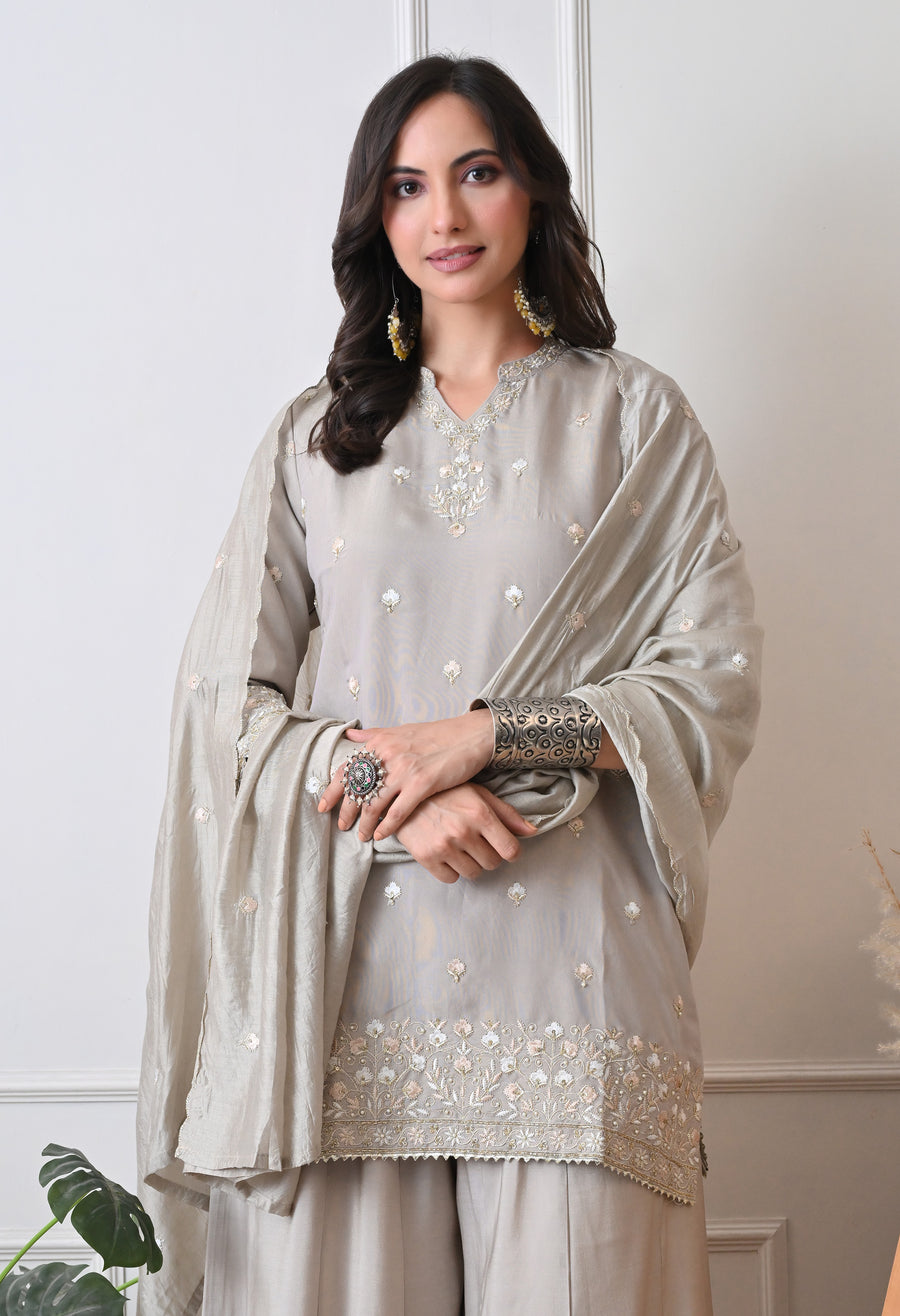Lt Beige Ethnic Motifs Embroidered Regular Thread Work Kurta with Palazzos & With Dupatta
