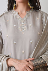 Lt Beige Ethnic Motifs Embroidered Regular Thread Work Kurta with Palazzos & With Dupatta