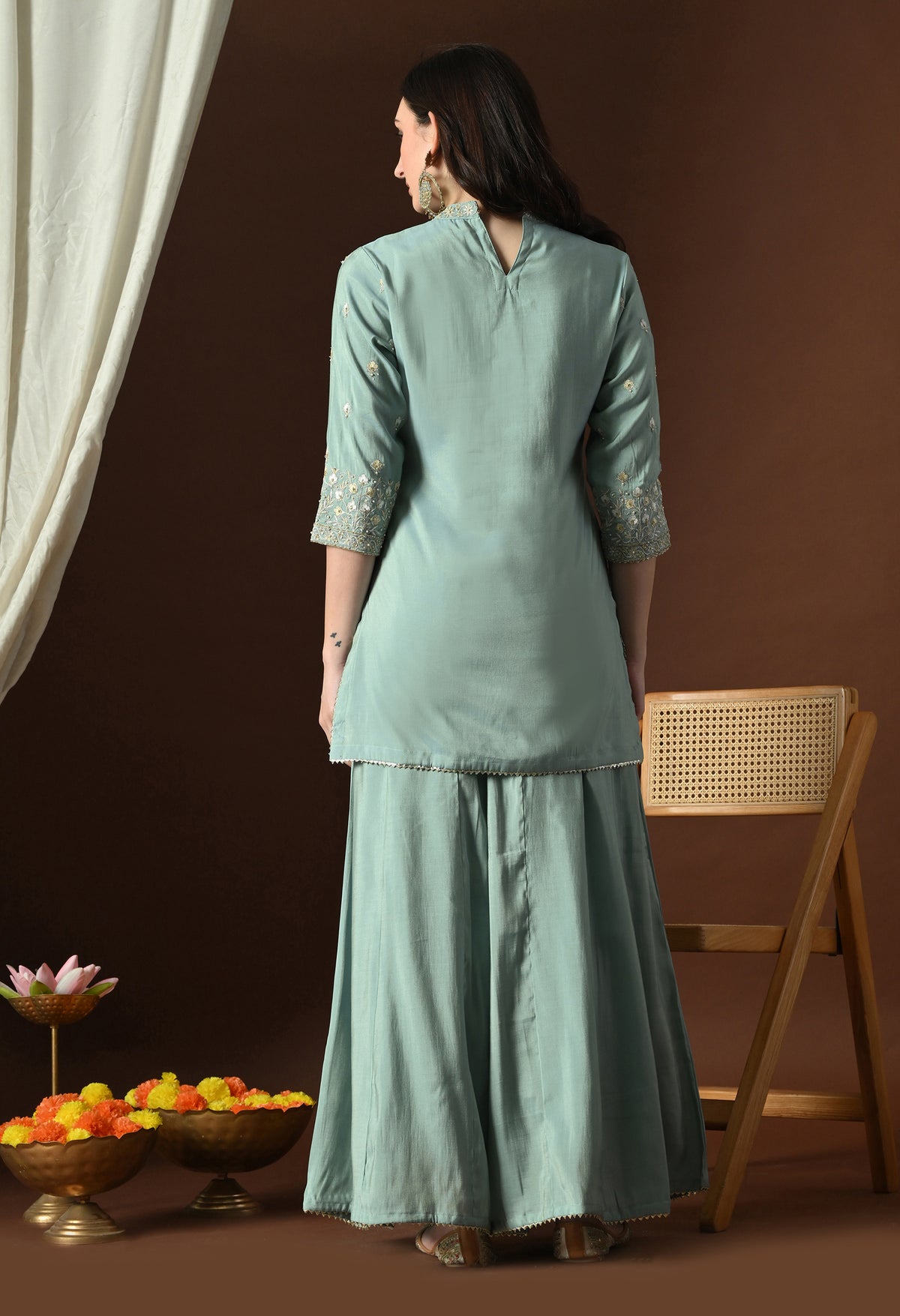 Sea Green Ethnic Motifs Embroidered Regular Thread Work Kurta with Palazzos & With Dupatta
