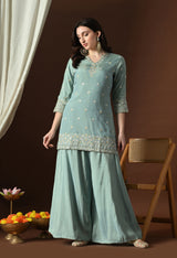 Sea Green Ethnic Motifs Embroidered Regular Thread Work Kurta with Palazzos & With Dupatta