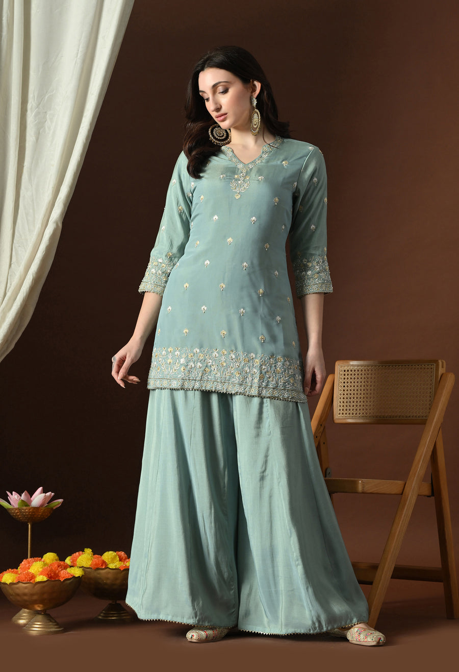 Sea Green Ethnic Motifs Embroidered Regular Thread Work Kurta with Palazzos & With Dupatta