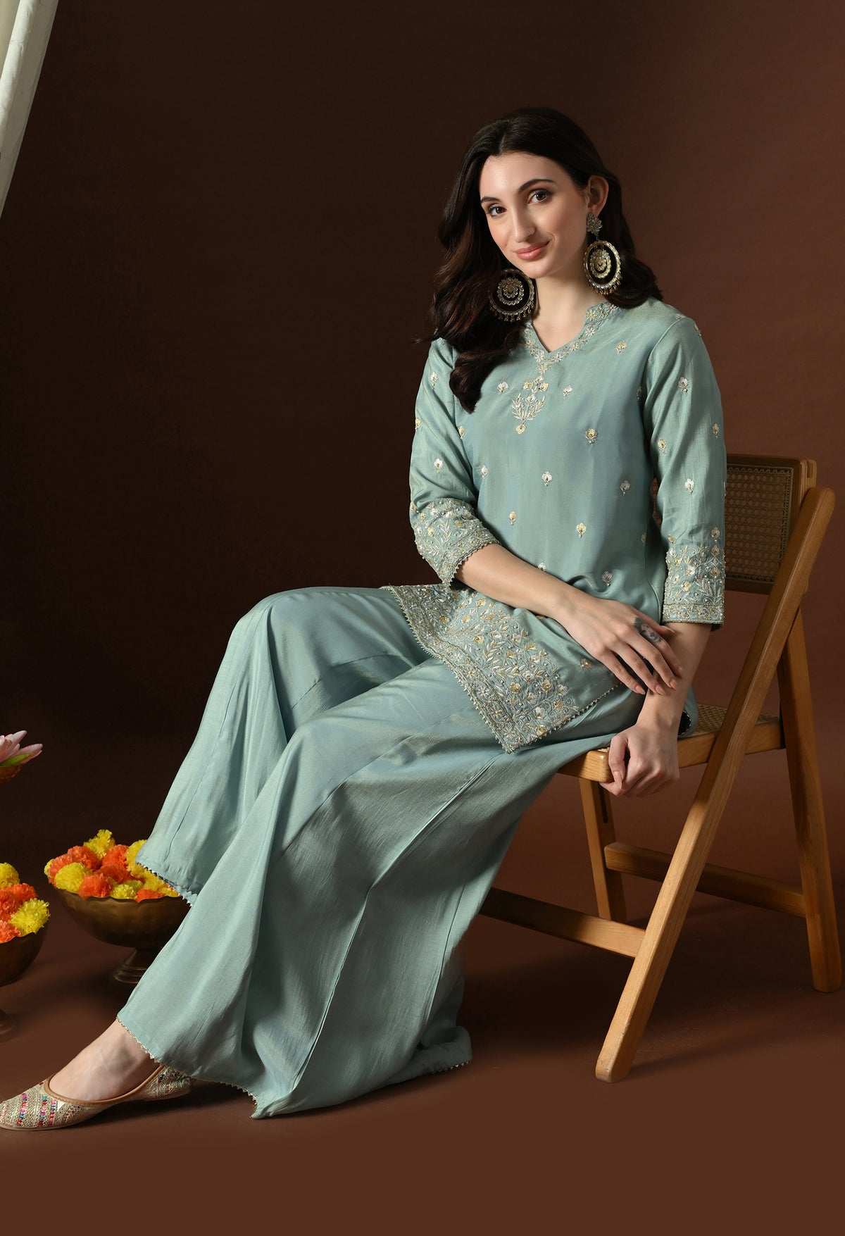 Sea Green Ethnic Motifs Embroidered Regular Thread Work Kurta with Palazzos & With Dupatta