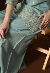 Sea Green Ethnic Motifs Embroidered Regular Thread Work Kurta with Palazzos & With Dupatta
