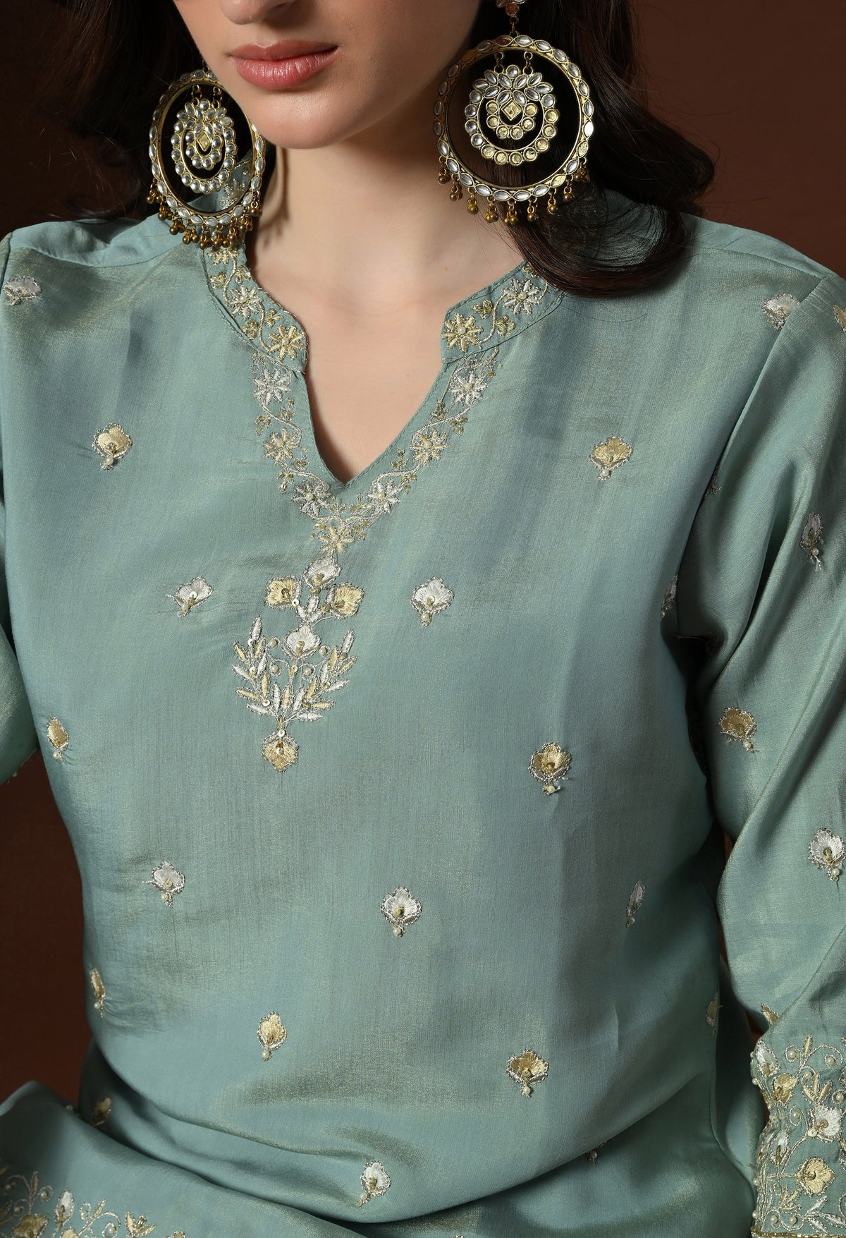 Sea Green Ethnic Motifs Embroidered Regular Thread Work Kurta with Palazzos & With Dupatta