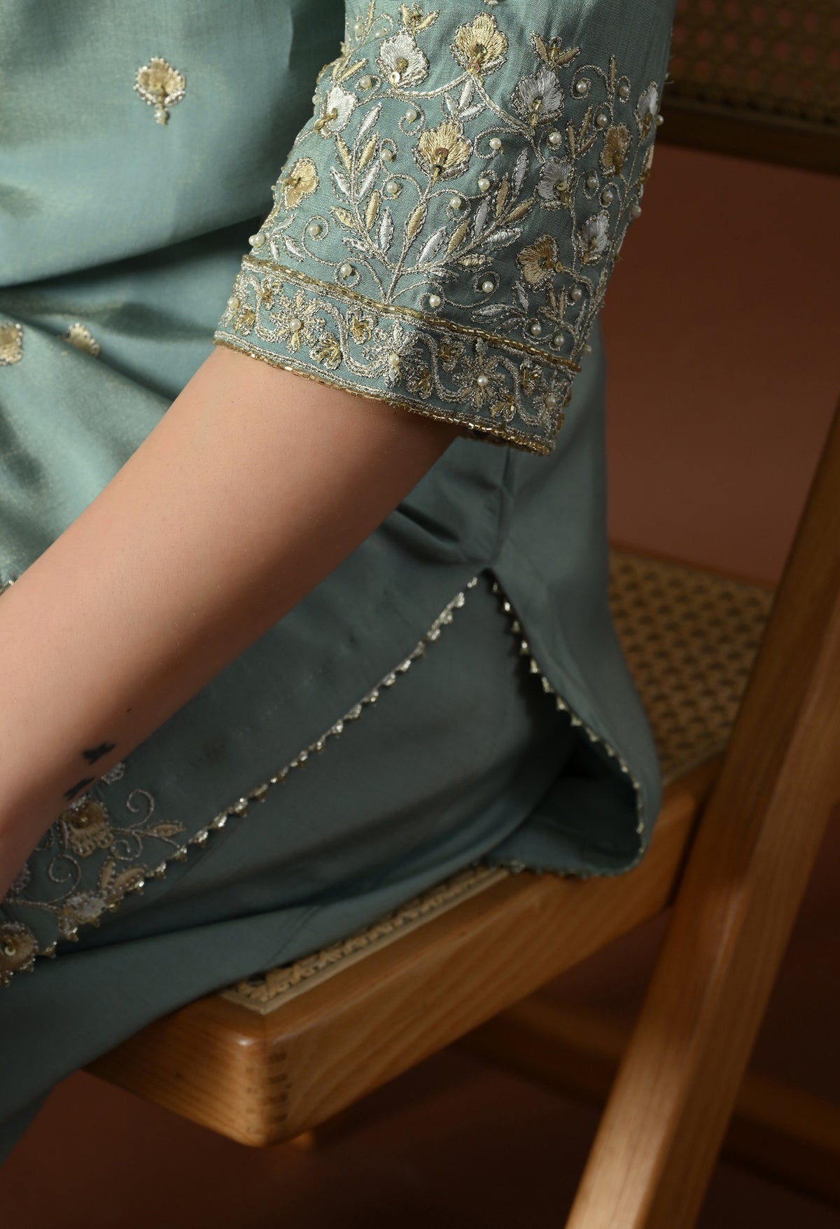 Sea Green Ethnic Motifs Embroidered Regular Thread Work Kurta with Palazzos & With Dupatta