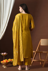 Mustard Ethnic Motifs Embroidered Regular Thread Work Kurta with Palazzos & With Dupatta