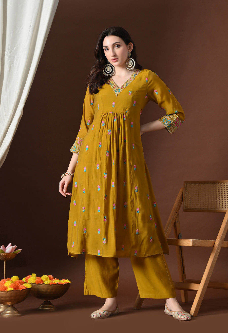 Mustard Ethnic Motifs Embroidered Regular Thread Work Kurta with Palazzos & With Dupatta