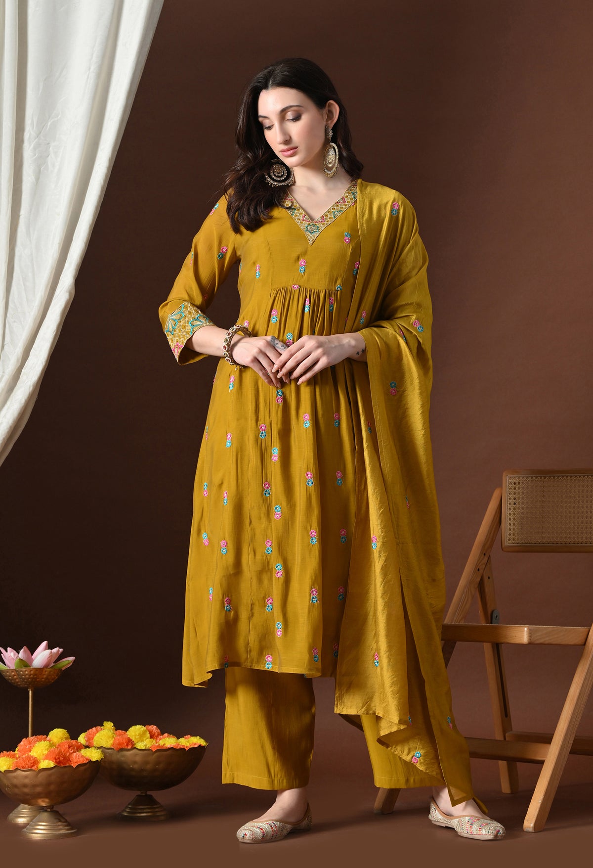 Mustard Ethnic Motifs Embroidered Regular Thread Work Kurta with Palazzos & With Dupatta