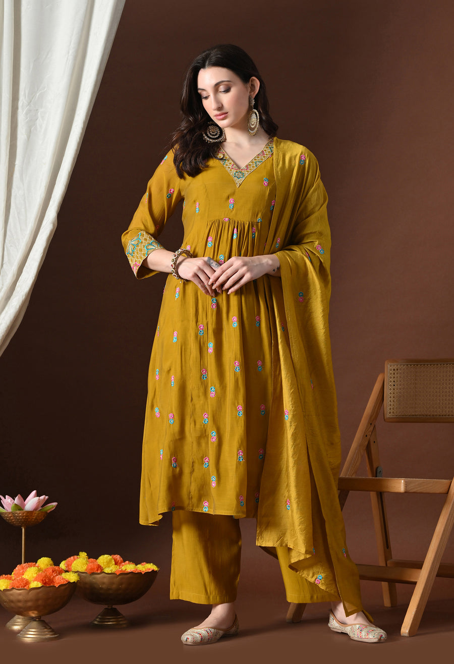 Mustard Ethnic Motifs Embroidered Regular Thread Work Kurta with Palazzos & With Dupatta