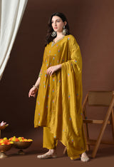 Mustard Ethnic Motifs Embroidered Regular Thread Work Kurta with Palazzos & With Dupatta