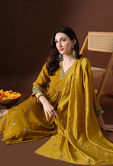 Mustard Ethnic Motifs Embroidered Regular Thread Work Kurta with Palazzos & With Dupatta