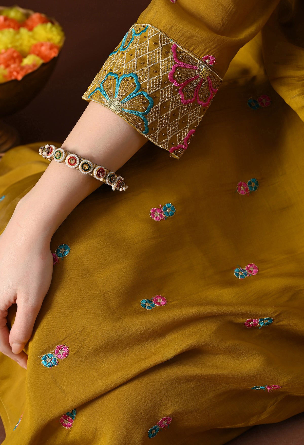 Mustard Ethnic Motifs Embroidered Regular Thread Work Kurta with Palazzos & With Dupatta