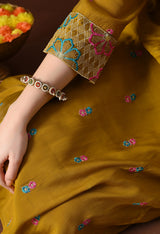 Mustard Ethnic Motifs Embroidered Regular Thread Work Kurta with Palazzos & With Dupatta