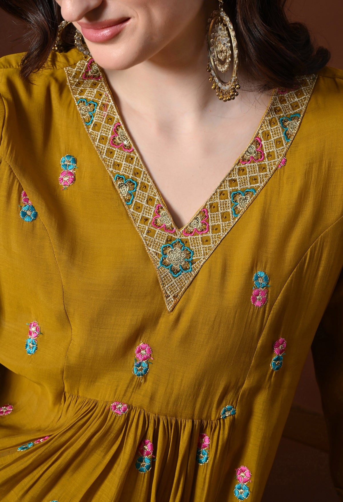 Mustard Ethnic Motifs Embroidered Regular Thread Work Kurta with Palazzos & With Dupatta