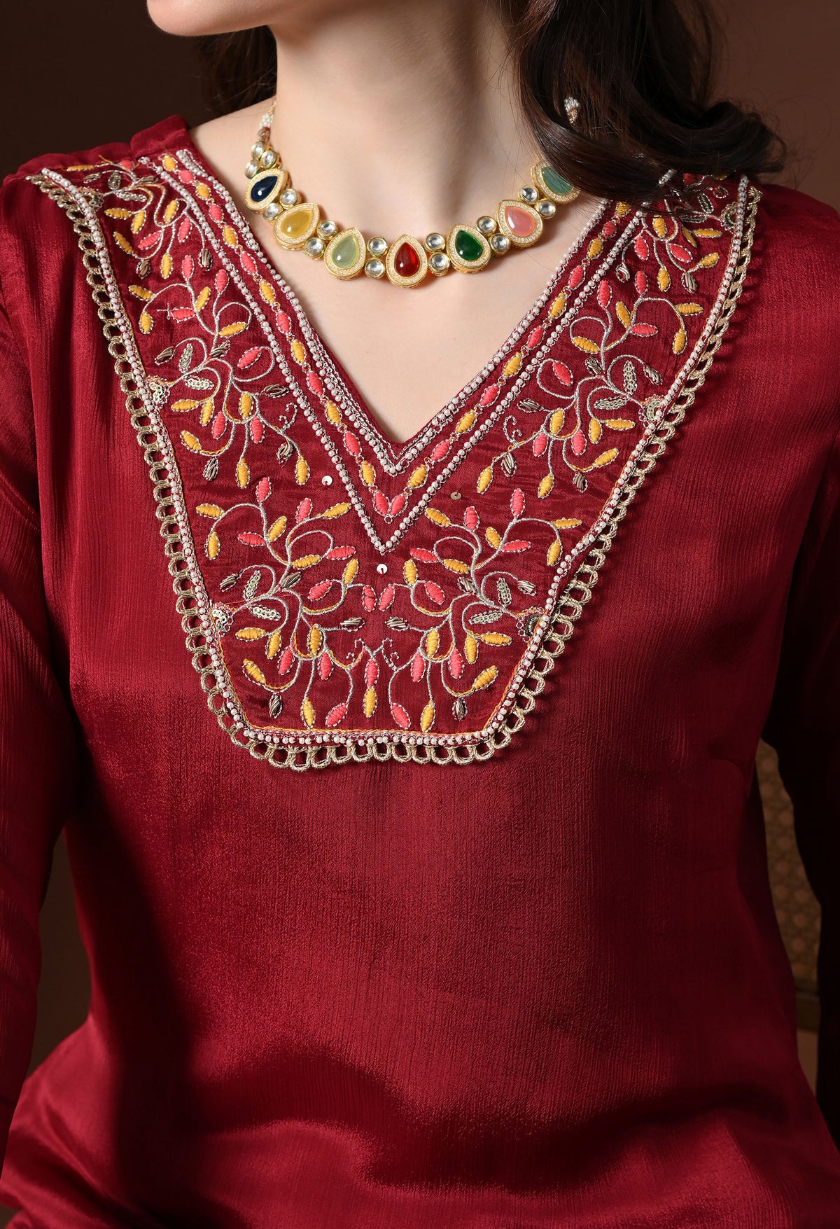 Maroon Ethnic Motifs Embroidered Regular Thread Work Kurta with Palazzos & With Dupatta