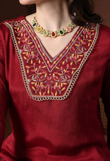 Maroon Ethnic Motifs Embroidered Regular Thread Work Kurta with Palazzos & With Dupatta