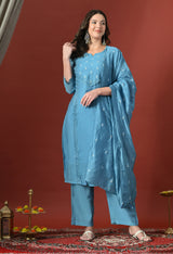Blue Floral Embroidered Regular Chanderi Cotton Kurta with Trousers & With Dupatta