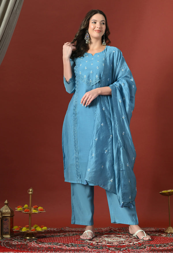 Blue Floral Embroidered Regular Chanderi Cotton Kurta with Trousers & With Dupatta