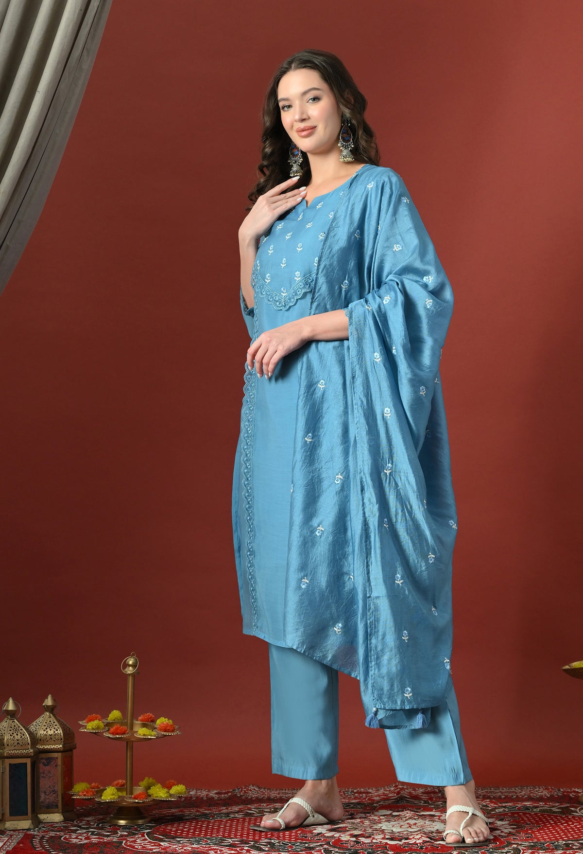 Blue Floral Embroidered Regular Chanderi Cotton Kurta with Trousers & With Dupatta