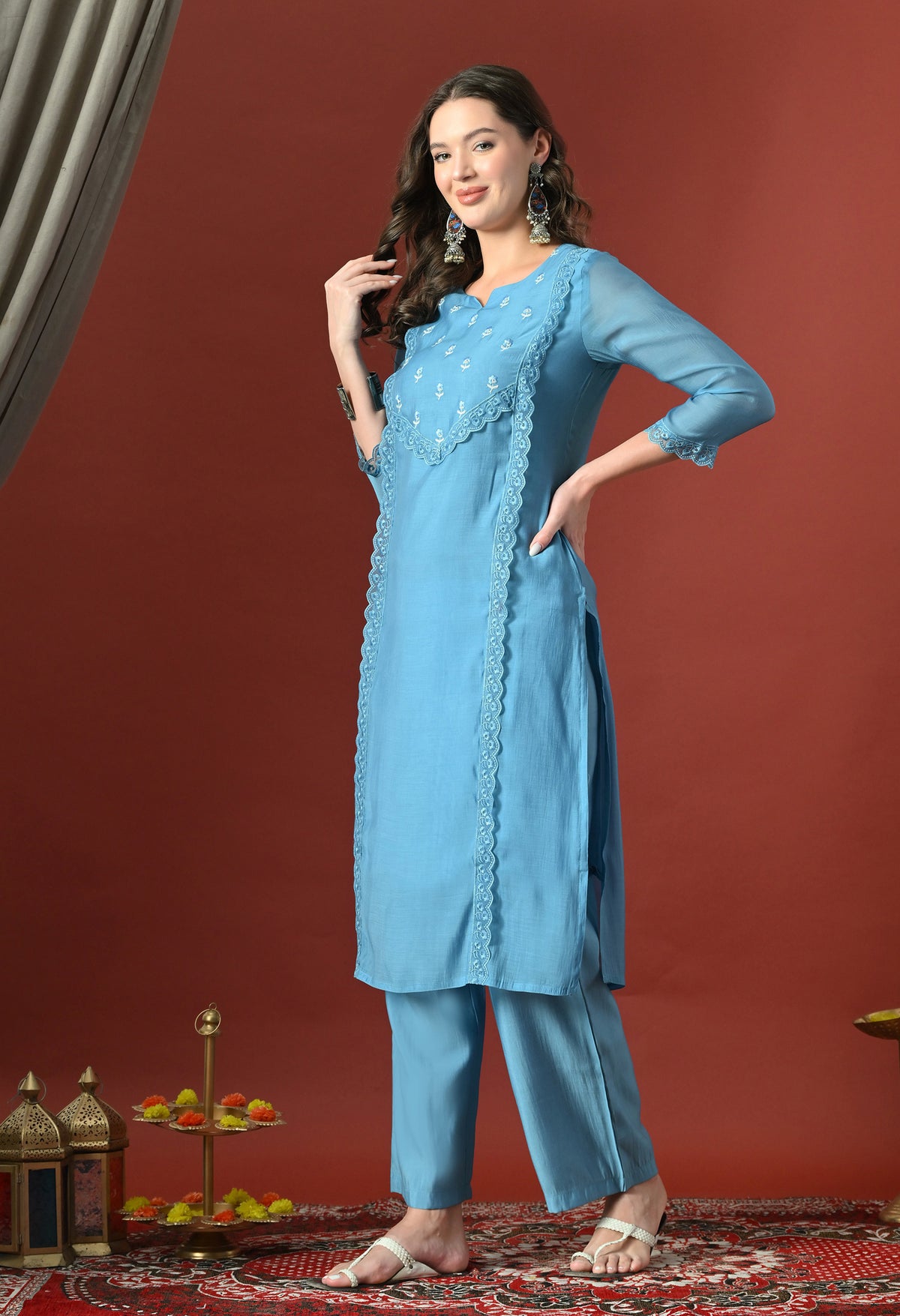 Blue Floral Embroidered Regular Chanderi Cotton Kurta with Trousers & With Dupatta