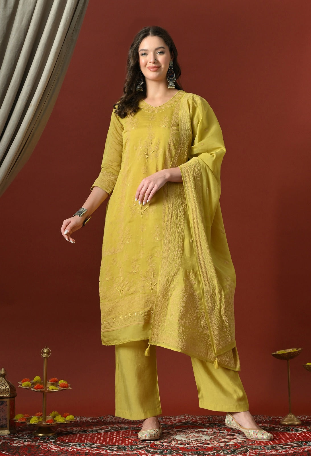 Yellow Ethnic Motifs Embroidered Regular Thread Work Chanderi Cotton Kurta with