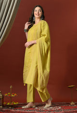 Yellow Ethnic Motifs Embroidered Regular Thread Work Chanderi Cotton Kurta with