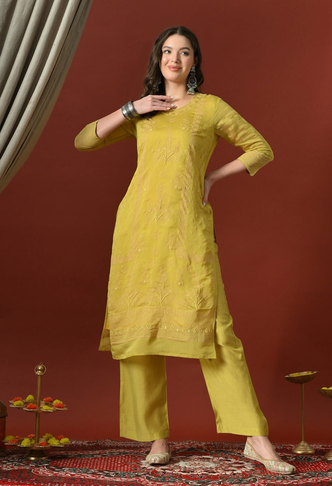 Yellow Ethnic Motifs Embroidered Regular Thread Work Chanderi Cotton Kurta with