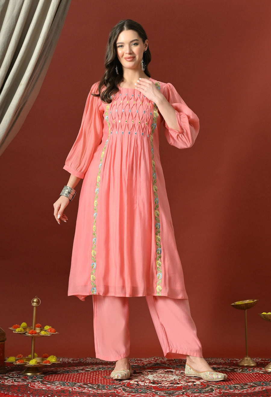 Pink Floral Embroidered Regular Chanderi Cotton Kurta with Pyjamas & With Dupatta