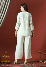 White Yoke Design Printed Casual Round-Neck Top With Trousers