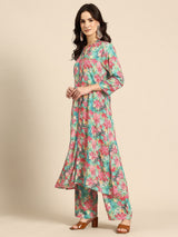 Green Floral Printed Regular Kurta with Trousers