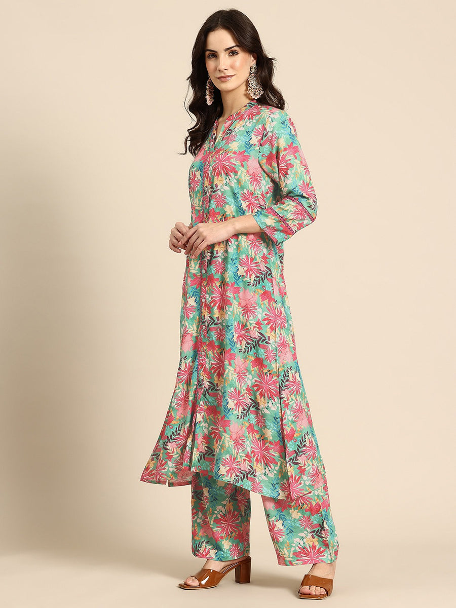 Green Floral Printed Regular Kurta with Trousers