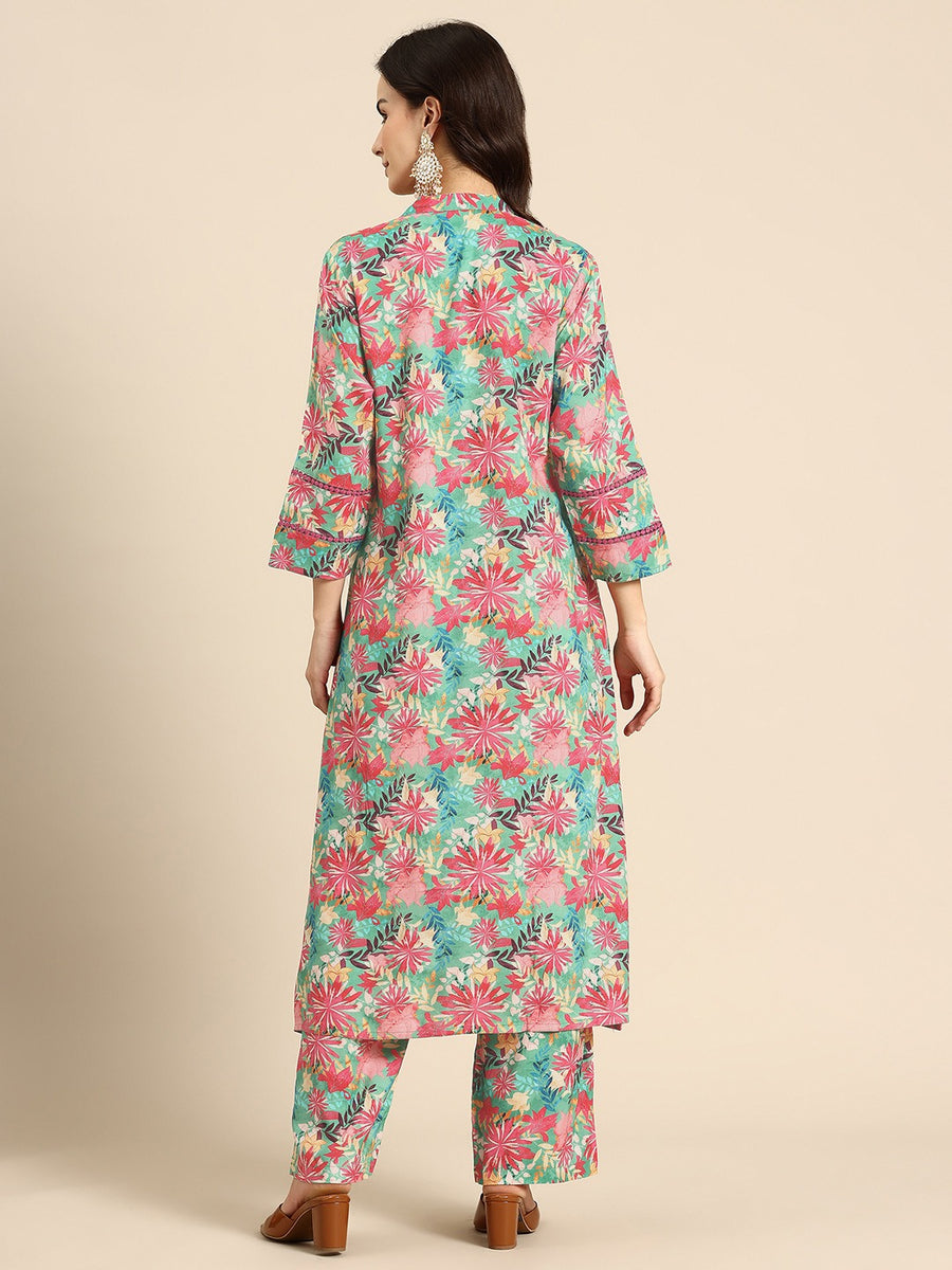 Green Floral Printed Regular Kurta with Trousers