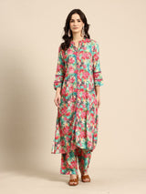 Green Floral Printed Regular Kurta with Trousers