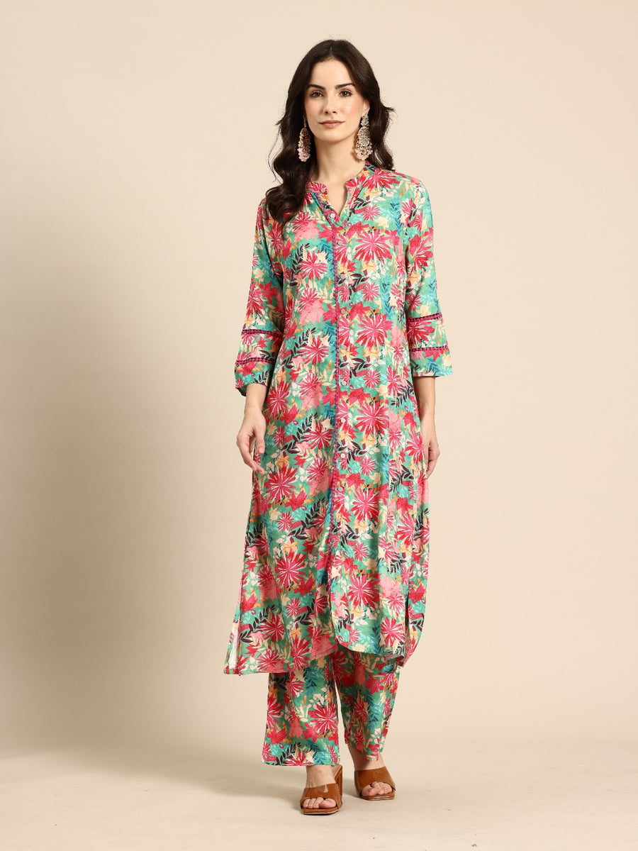 Green Floral Printed Regular Kurta with Trousers