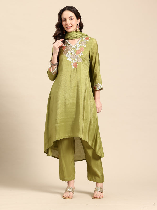 A Line Top  Bottom & Dupatta  For Women - GREEN (2622-GREEN)