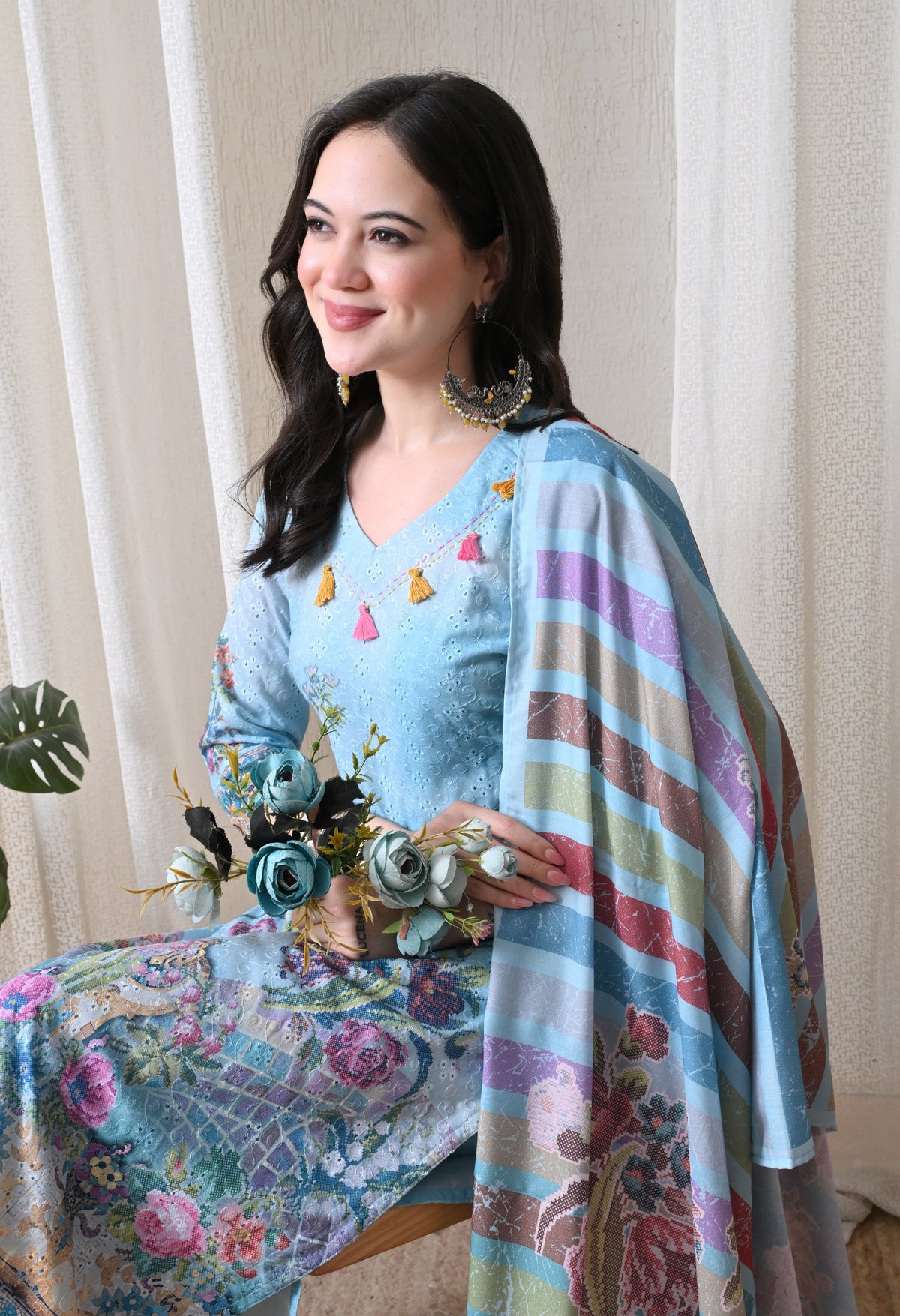 Blue A Line Top  Bottom & Dupatta  For Women - 2572 view 5