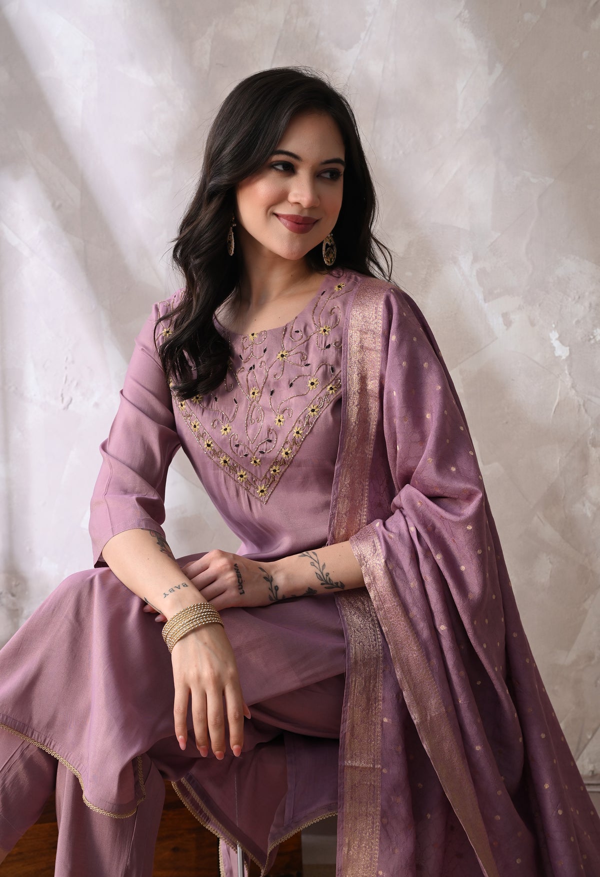 Purple Straight Kurta With Plazzo And Dupatta For Women - 2613 view 1